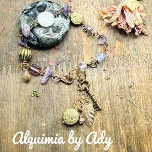 Amethyst antique gold rosary link chain adjustable bracelet charm boho